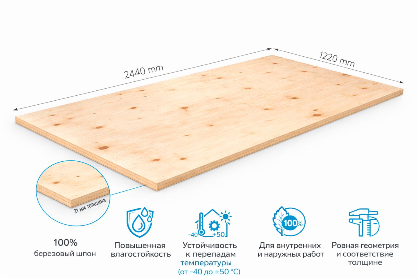 Фанера ФСФ 21мм 2440х1220 мм сорт 2/2 шлифованная Ш2 березовая влагостойкая