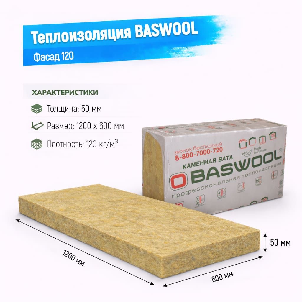 Утеплитель BASWOOL Фасад 120 базальтовая плита 1200х600х50мм