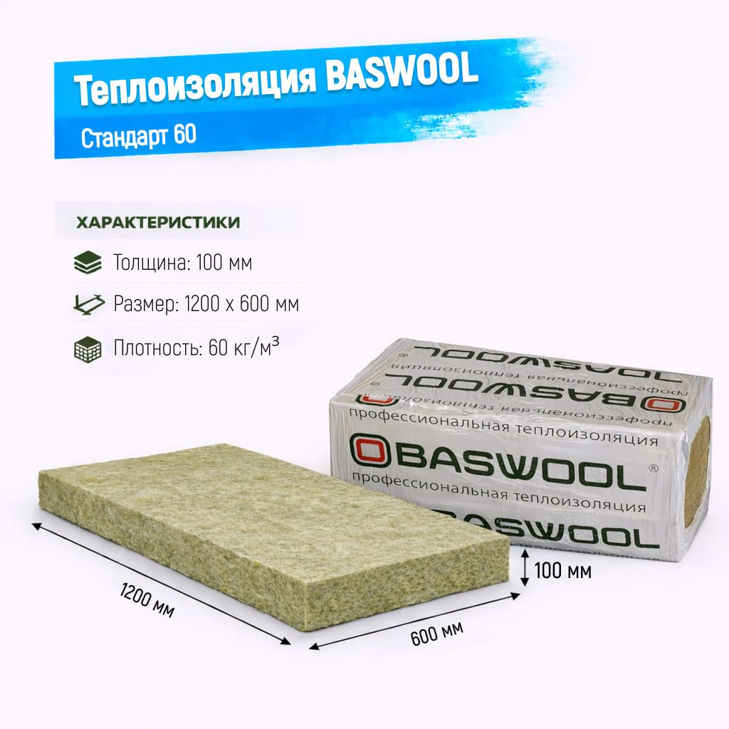 Утеплитель BASWOOL Стандарт 60 базальтовая плита 1200х600х100мм