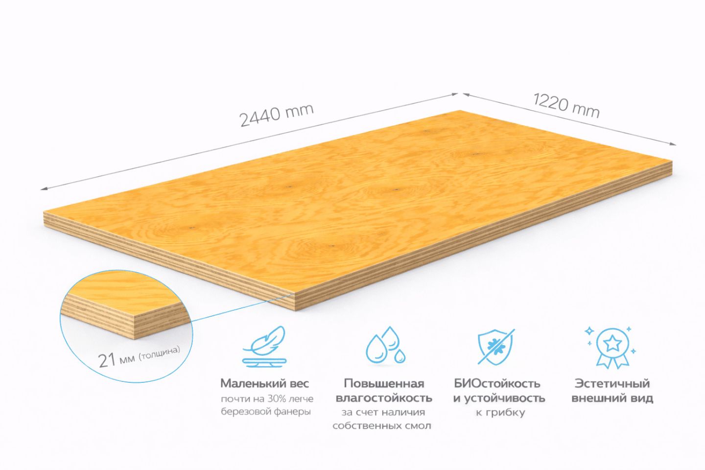 Фанера ФСФ 21мм 2440х1220 мм сорт 1/3 шлифованная хвойная влагостойкая  Лиственница