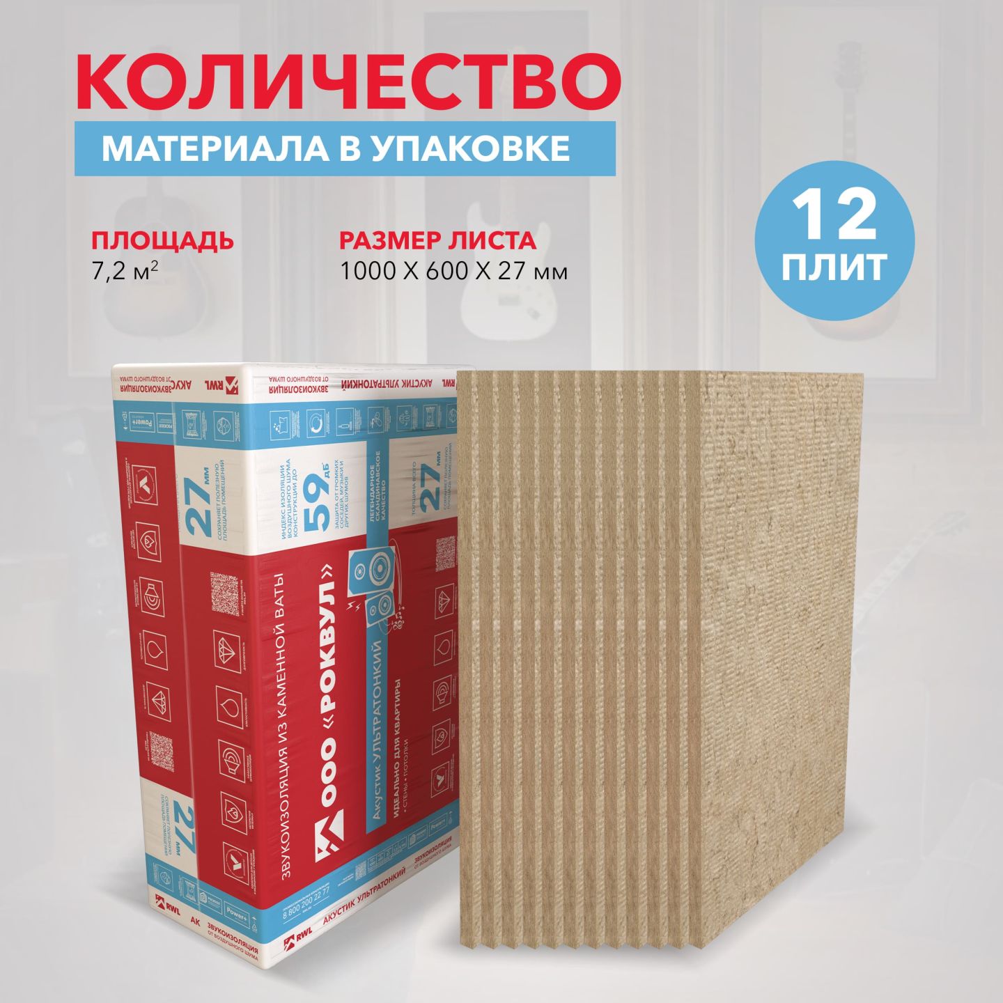 Утеплитель Rockwool Акустик Ультра тонкий базальтовая плита 1000х600х27мм