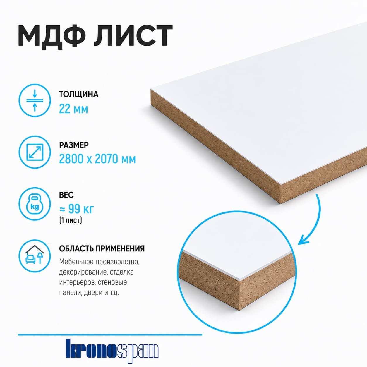 Плита МДФ Kronospan ламинированная 22мм 2800х2070 мм 1 сорт Kronospan